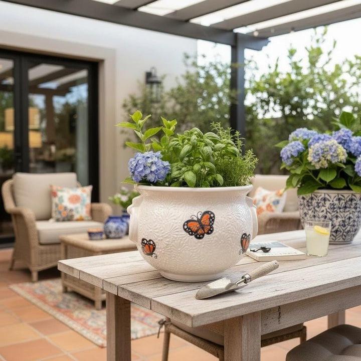 Hand Painted Talavera Monarch Butterfly Cauldron Handle Planter Pot, Ivory & White – Free Shipping (Contiguous U.S. Only)