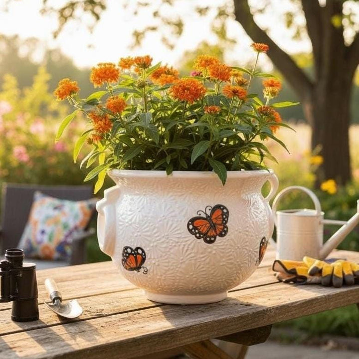 Hand Painted Talavera Monarch Butterfly Cauldron Handle Planter Pot, Ivory & White – Free Shipping (Contiguous U.S. Only)