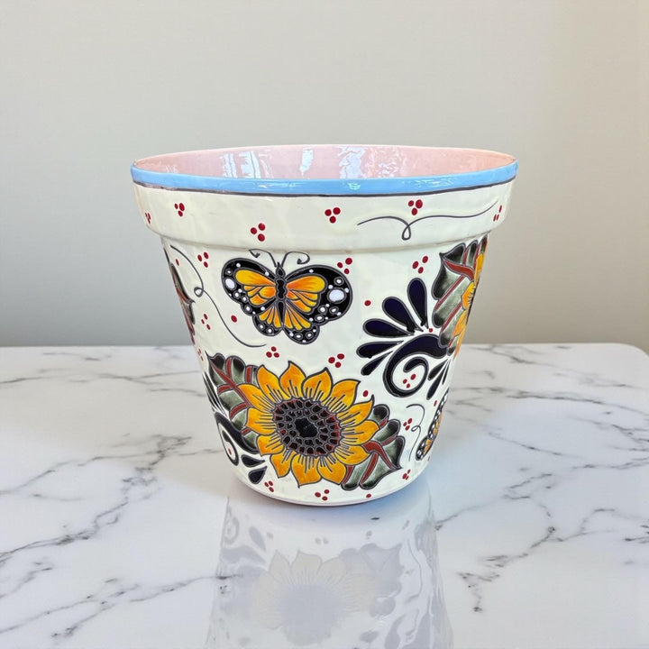 Hand Painted Mexican Talavera Standard Planter Pot, Monarch Butterfly & Sunflower – Free Shipping (Contiguous U.S. Only)