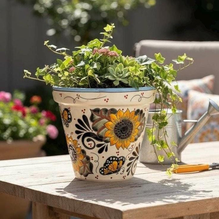 Hand Painted Mexican Talavera Standard Planter Pot, Monarch Butterfly & Sunflower – Free Shipping (Contiguous U.S. Only)