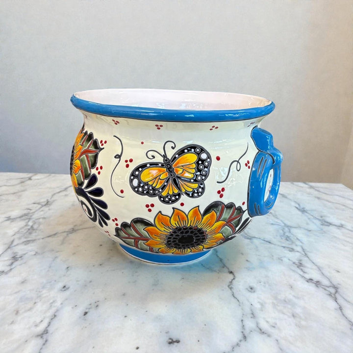 Hand Painted Talavera Cauldron Handle Planter Pot, Sunflower & Monarch Butterfly – Free Shipping (Contiguous U.S. Only)