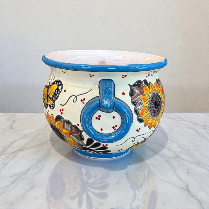 Hand Painted Talavera Cauldron Handle Planter Pot, Sunflower & Monarch Butterfly – Free Shipping (Contiguous U.S. Only)
