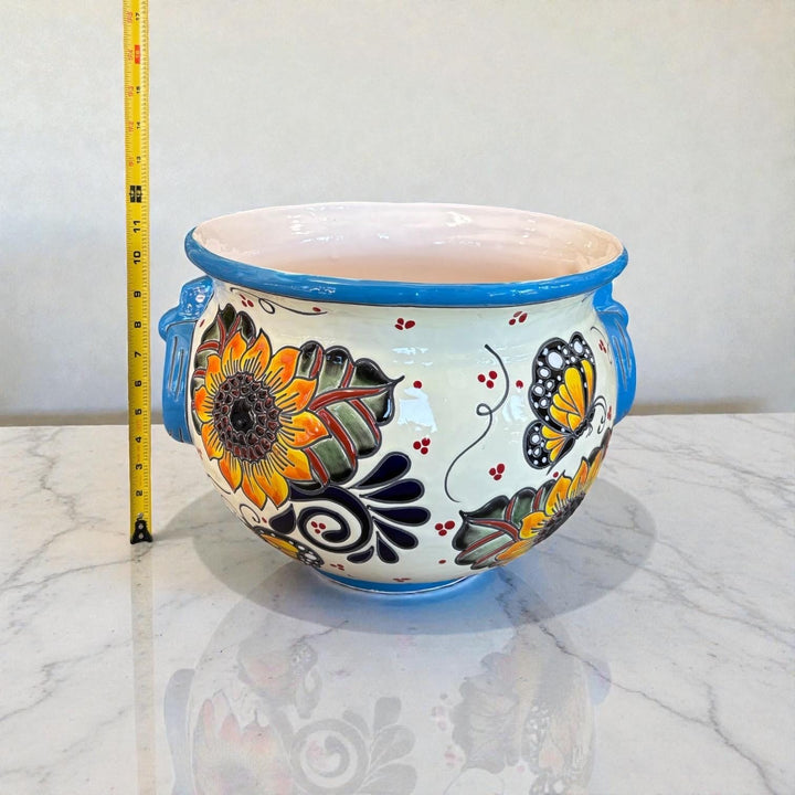Hand Painted Talavera Cauldron Handle Planter Pot, Sunflower & Monarch Butterfly – Free Shipping (Contiguous U.S. Only)