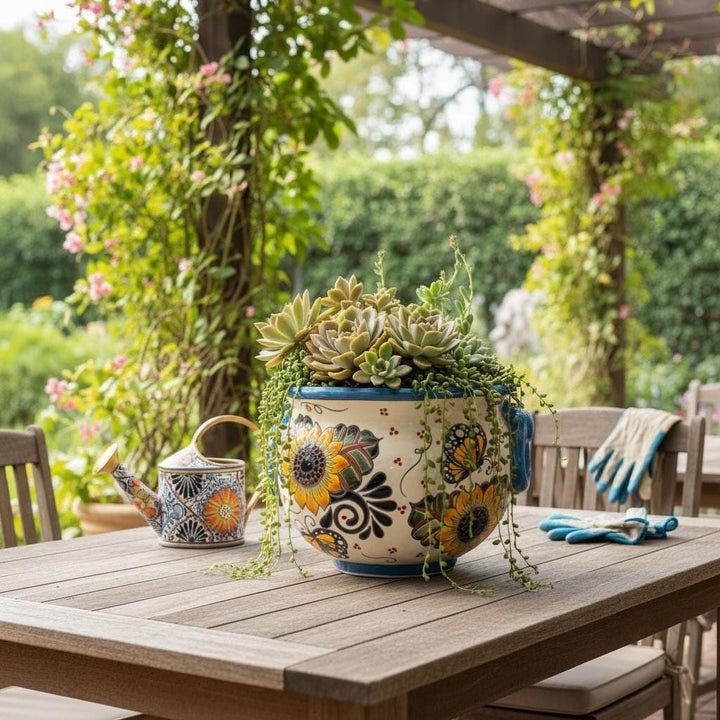 Hand Painted Talavera Cauldron Handle Planter Pot, Sunflower & Monarch Butterfly – Free Shipping (Contiguous U.S. Only)