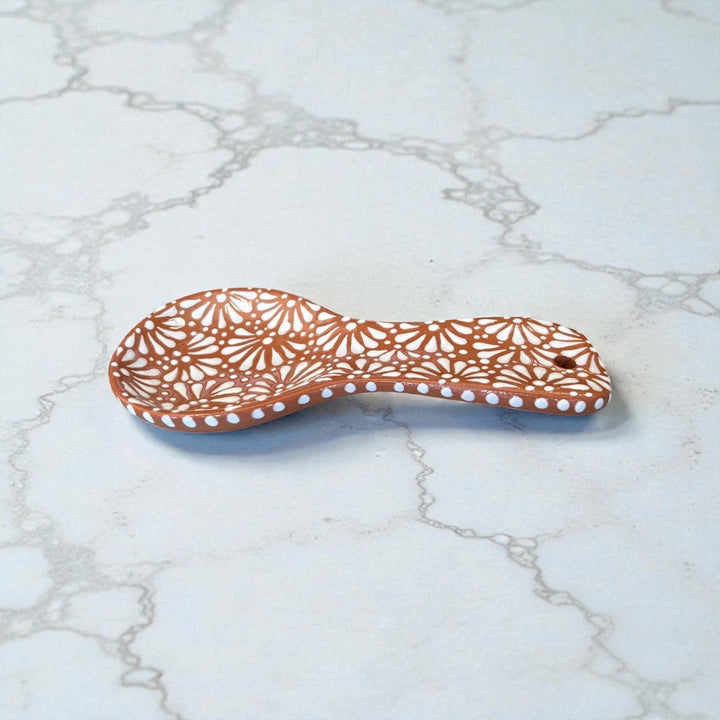 Hand Painted Mexican Talavera Spoon Rest (Cielito Lindo Inspired), Brown & White