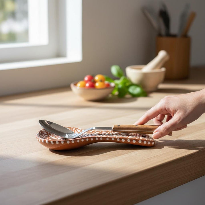 Hand Painted Mexican Talavera Spoon Rest (Cielito Lindo Inspired), Brown & White