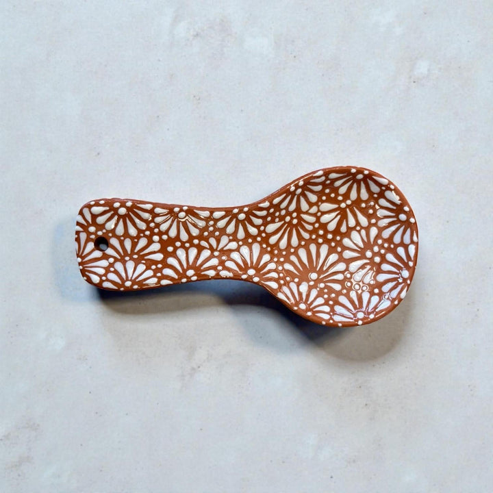 Hand Painted Mexican Talavera Spoon Rest (Cielito Lindo Inspired), Brown & White