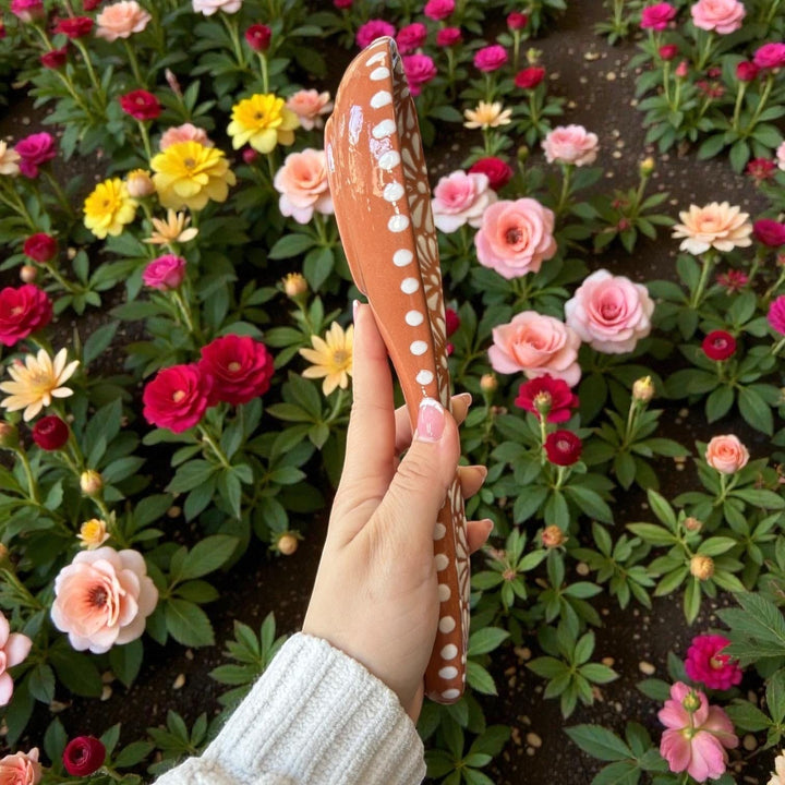 Hand Painted Mexican Talavera Spoon Rest (Cielito Lindo Inspired), Brown & White