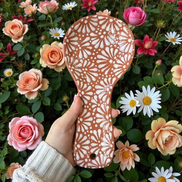 Hand Painted Mexican Talavera Spoon Rest (Cielito Lindo Inspired), Brown & White
