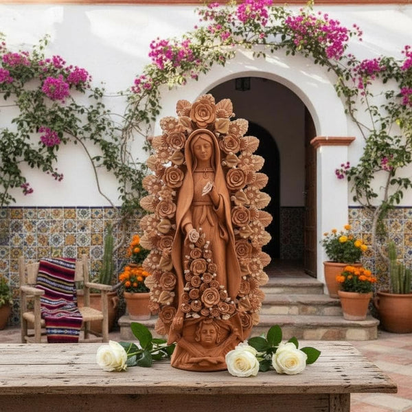 Large Handmade Mexican Natural Clay & Neutrals “Virgen de Guadalupe”, Rustic Rose Waterfall – Free Shipping (Contiguous U.S. Only)