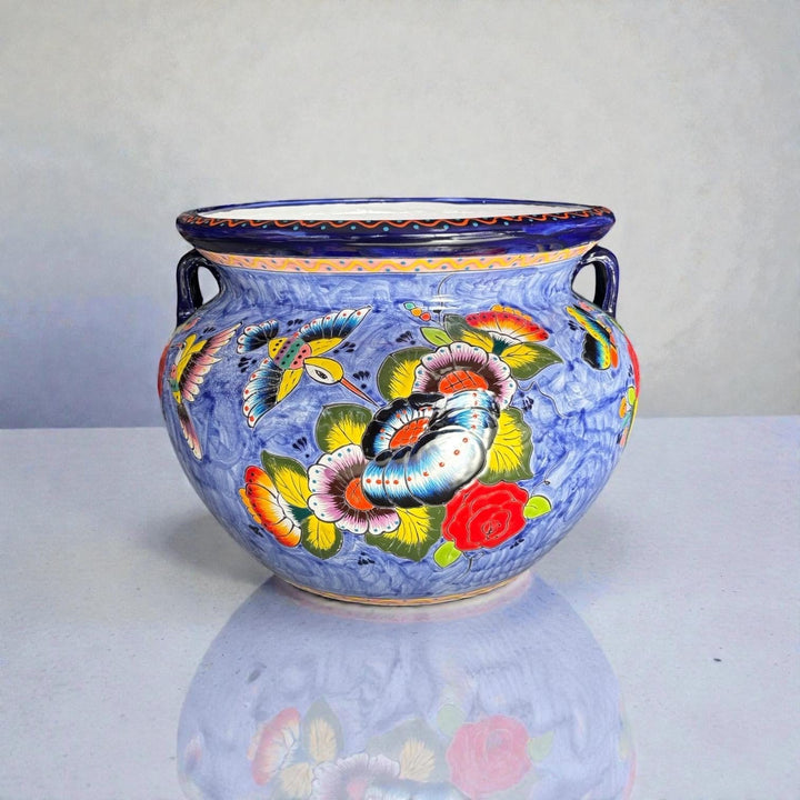 Large Hand Painted Talavera Folkart Planter Pot with Handles, Hummingbird Floral Blue – Free Shipping (Contiguous U.S. Only)