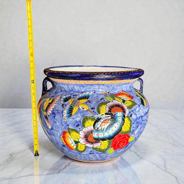 Large Hand Painted Talavera Folkart Planter Pot with Handles, Hummingbird Floral Blue – Free Shipping (Contiguous U.S. Only)