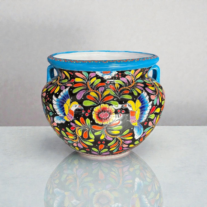Large Hand Painted Talavera Folkart Planter Pot with Handles, Yellow Hummingbird & Black – Free Shipping (Contiguous U.S. Only)