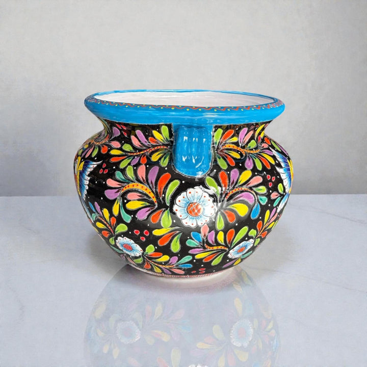 Large Hand Painted Talavera Folkart Planter Pot with Handles, Yellow Hummingbird & Black – Free Shipping (Contiguous U.S. Only)