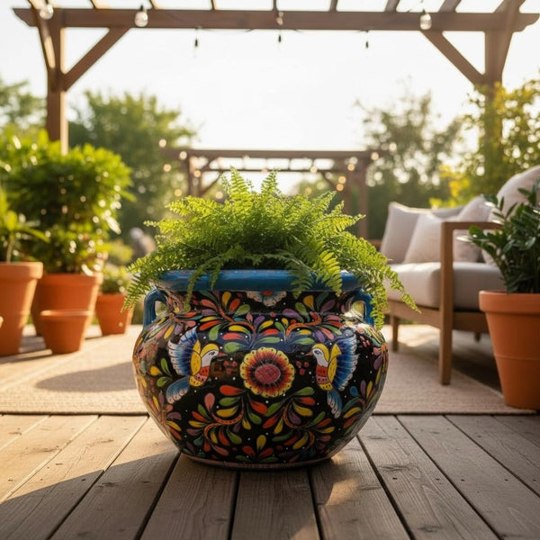 Large Hand Painted Talavera Folkart Planter Pot with Handles, Yellow Hummingbird & Black – Free Shipping (Contiguous U.S. Only)