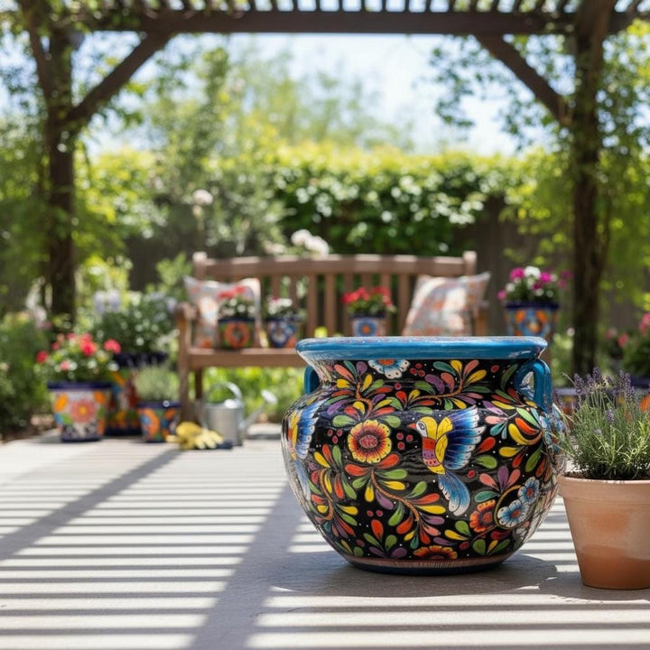 Large Hand Painted Talavera Folkart Planter Pot with Handles, Yellow Hummingbird & Black – Free Shipping (Contiguous U.S. Only)