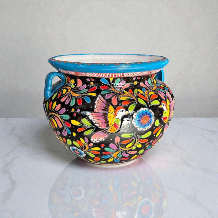Large Hand Painted Talavera Folkart Planter Pot with Handles, Multicolor Hummingbird & Black – Free Shipping (Contiguous U.S. Only)