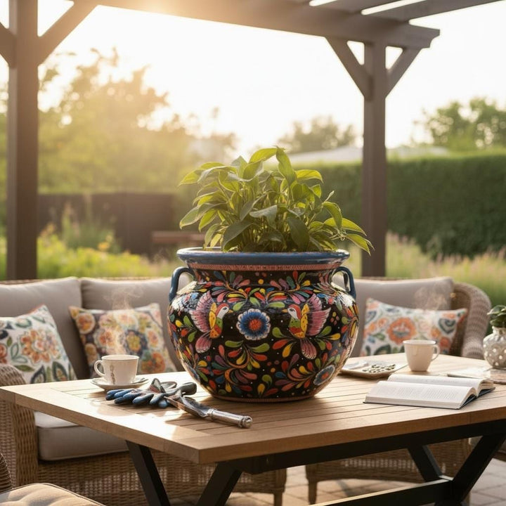 Large Hand Painted Talavera Folkart Planter Pot with Handles, Multicolor Hummingbird & Black – Free Shipping (Contiguous U.S. Only)