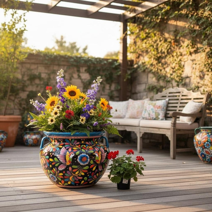 Large Hand Painted Talavera Folkart Planter Pot with Handles, Multicolor Hummingbird & Black – Free Shipping (Contiguous U.S. Only)
