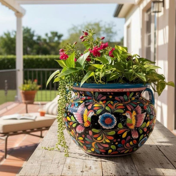 Large Hand Painted Talavera Folkart Planter Pot with Handles, Multicolor Hummingbird & Black – Free Shipping (Contiguous U.S. Only)