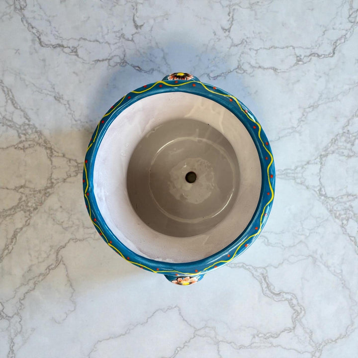 Hand Painted Talavera Folkart Planter Pot with Handles, Multicolor Hummingbird & Black – Free Shipping (Contiguous U.S)