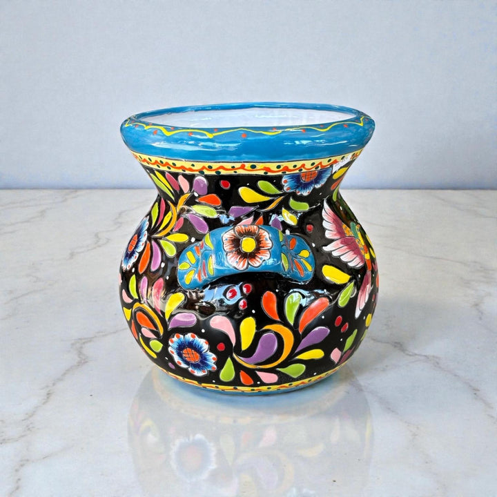 Hand Painted Talavera Folkart Planter Pot with Handles, Multicolor Hummingbird & Black – Free Shipping (Contiguous U.S)