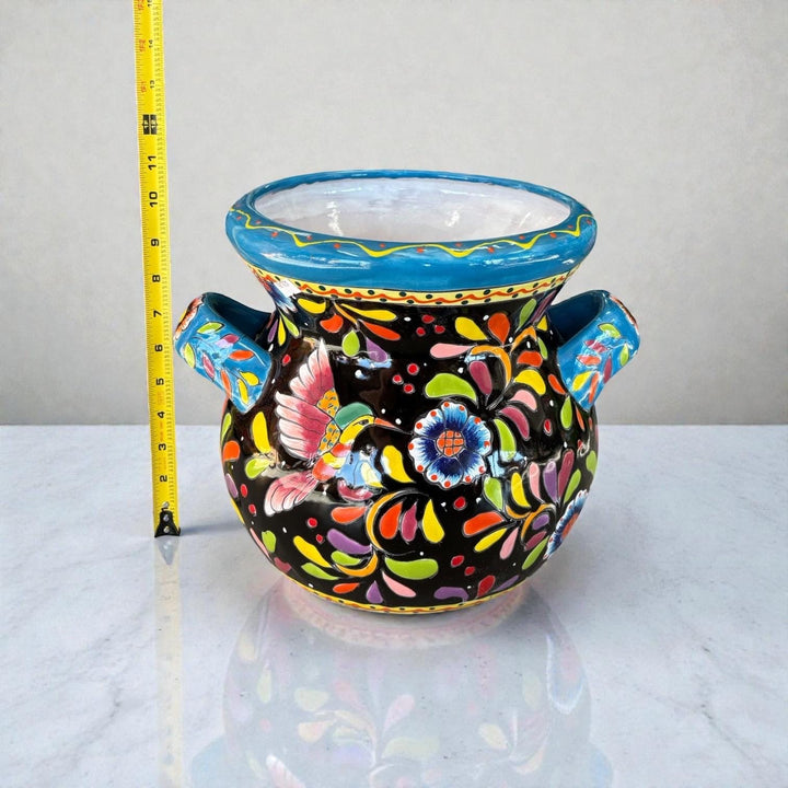 Hand Painted Talavera Folkart Planter Pot with Handles, Multicolor Hummingbird & Black – Free Shipping (Contiguous U.S)