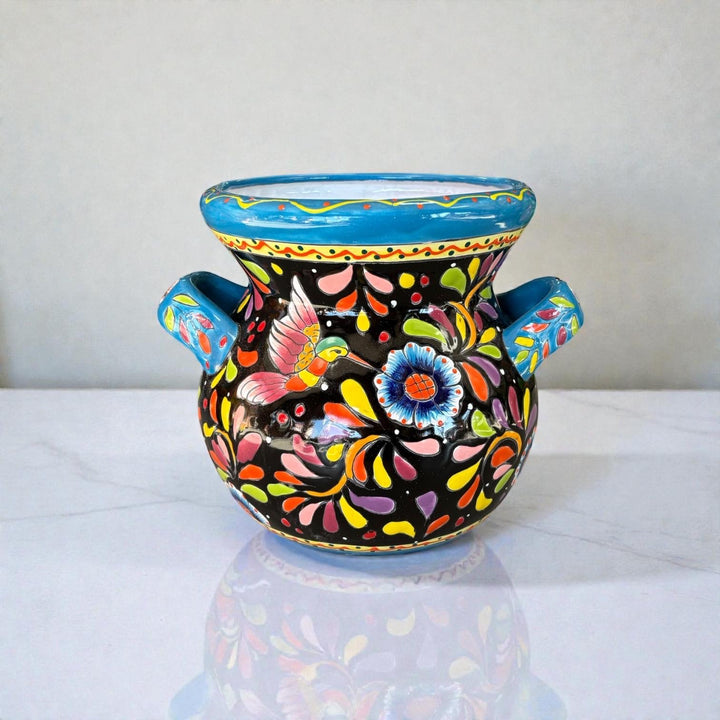 Hand Painted Talavera Folkart Planter Pot with Handles, Multicolor Hummingbird & Black – Free Shipping (Contiguous U.S)