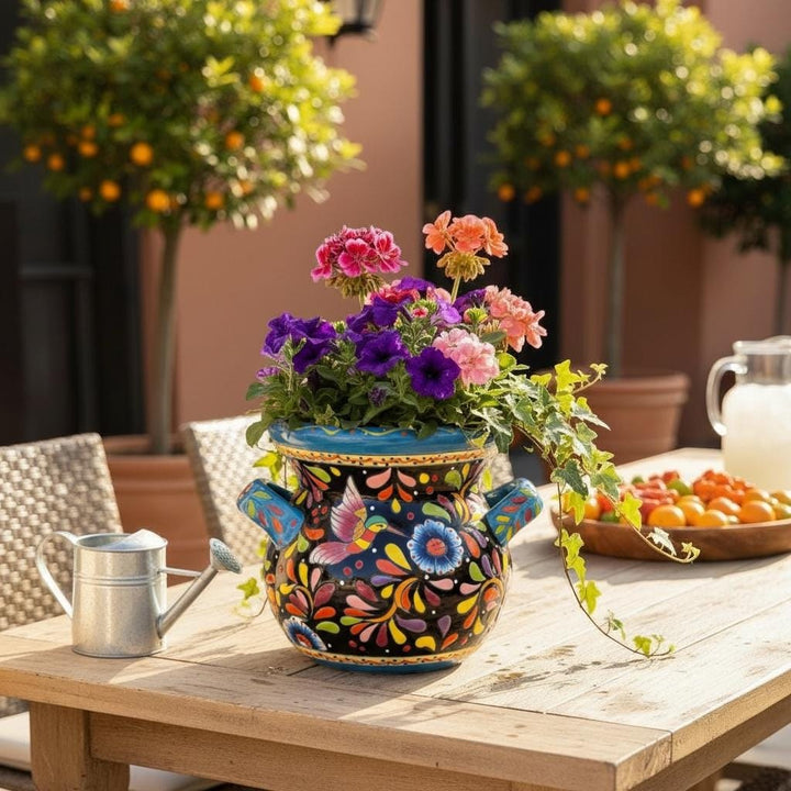 Hand Painted Talavera Folkart Planter Pot with Handles, Multicolor Hummingbird & Black – Free Shipping (Contiguous U.S)