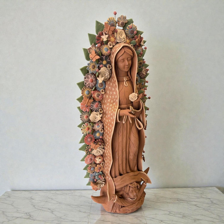 Large Handmade Mexican Natural Clay “Virgen de Guadalupe”, Rustic Multicolor – Free Shipping (Contiguous U.S. Only)