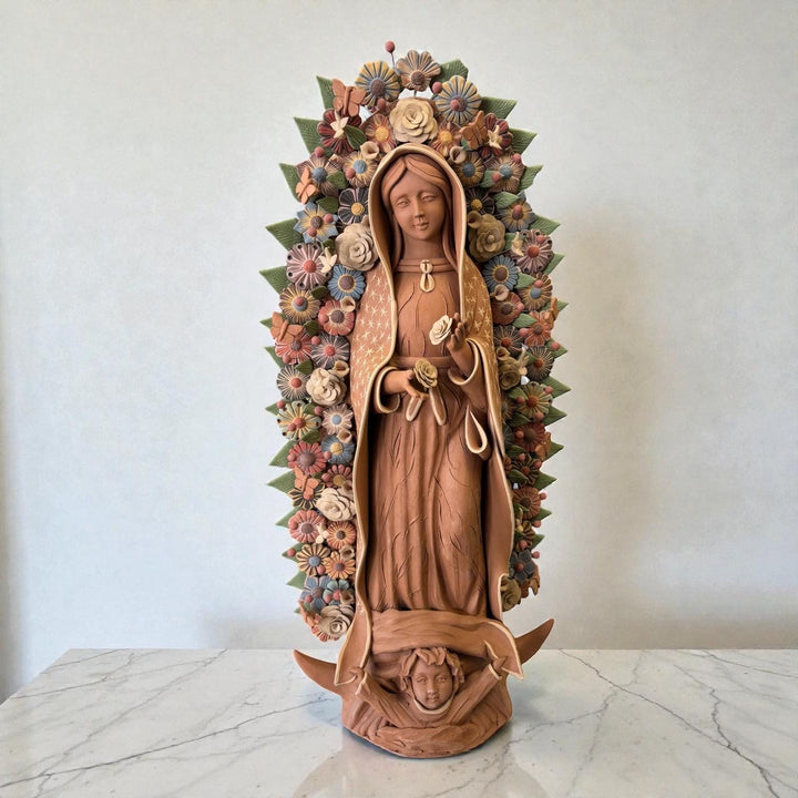 Large Handmade Mexican Natural Clay “Virgen de Guadalupe”, Rustic Multicolor – Free Shipping (Contiguous U.S. Only)