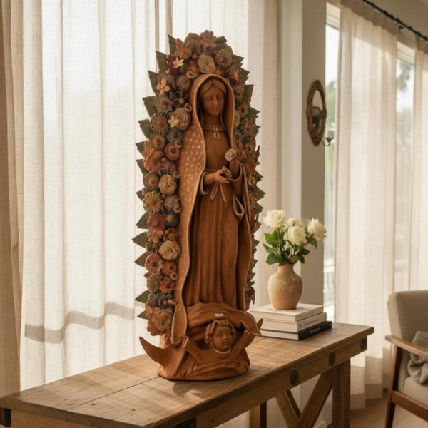 Large Handmade Mexican Natural Clay “Virgen de Guadalupe”, Rustic Multicolor – Free Shipping (Contiguous U.S. Only)