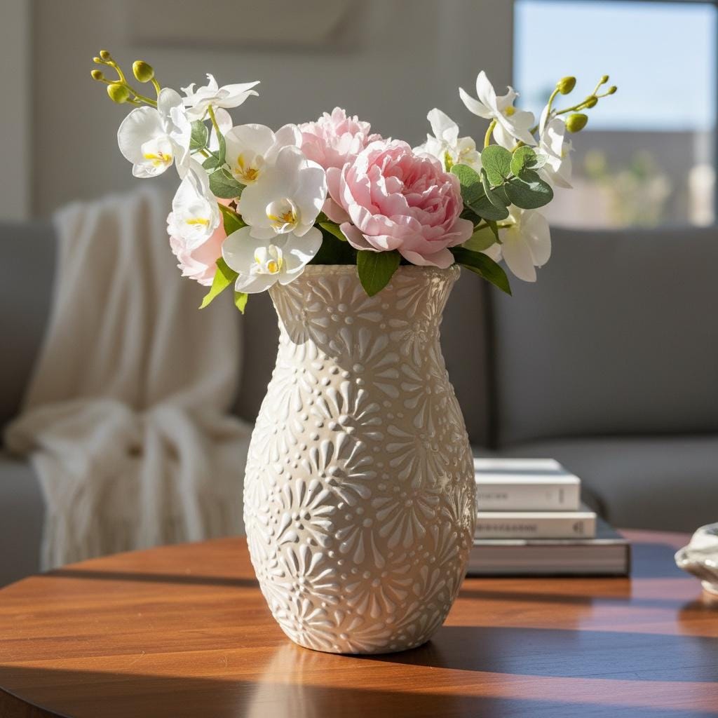 Hand Painted Mexican Talavera Flower Vase, Ivory Cream & White