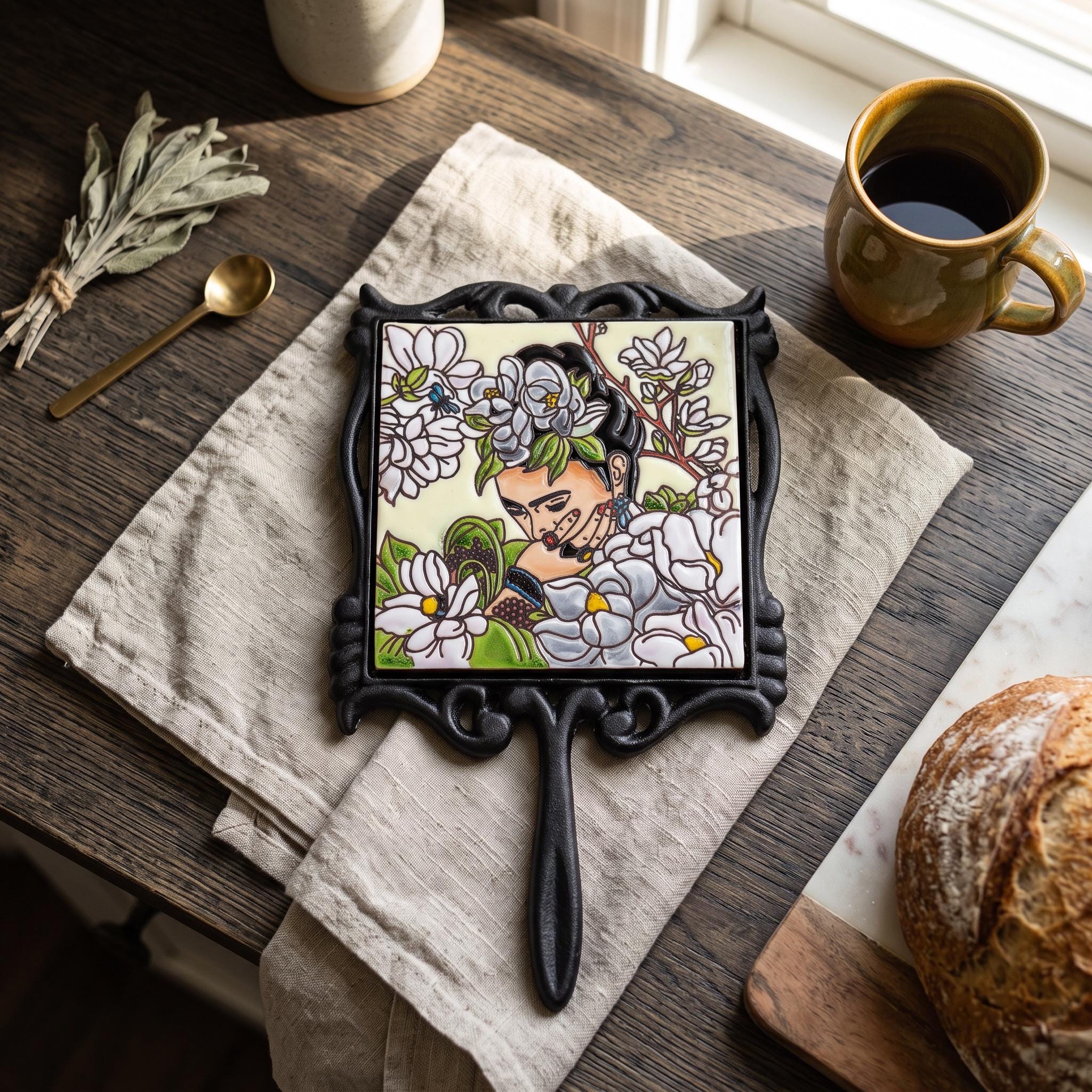 Handmade Mexican Talavera Tile Serving Trivet with Handle, Frida